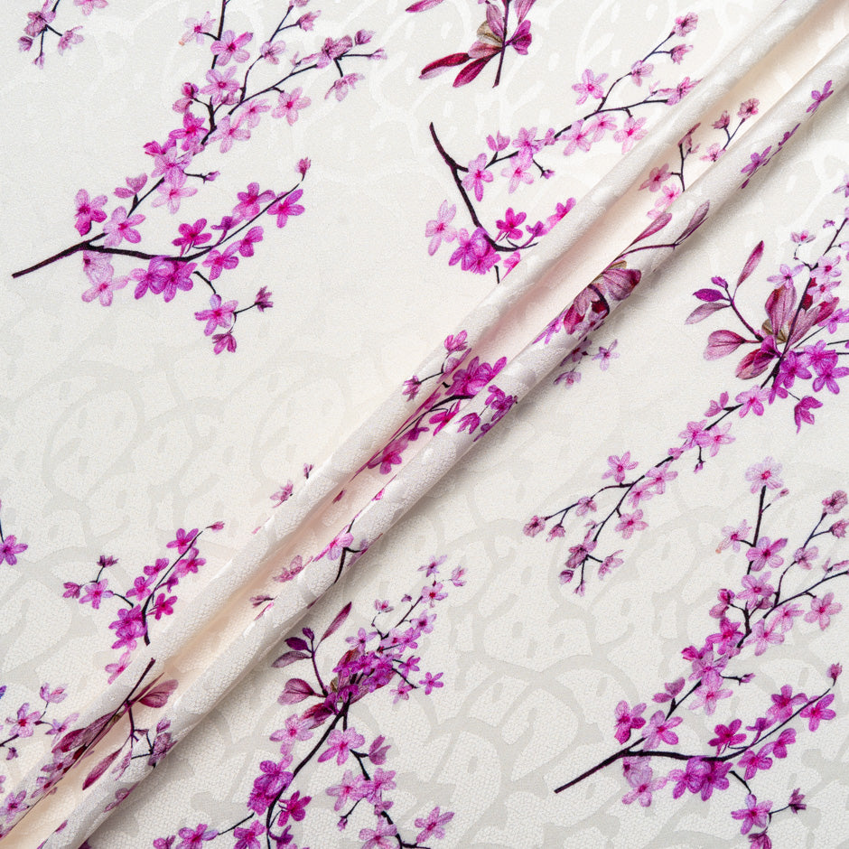 Magenta Floral Printed Ivory Silk Jacquard