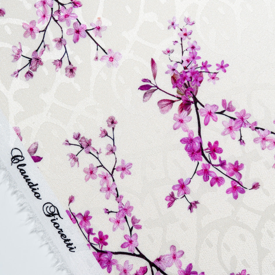 Magenta Floral Printed Ivory Silk Jacquard