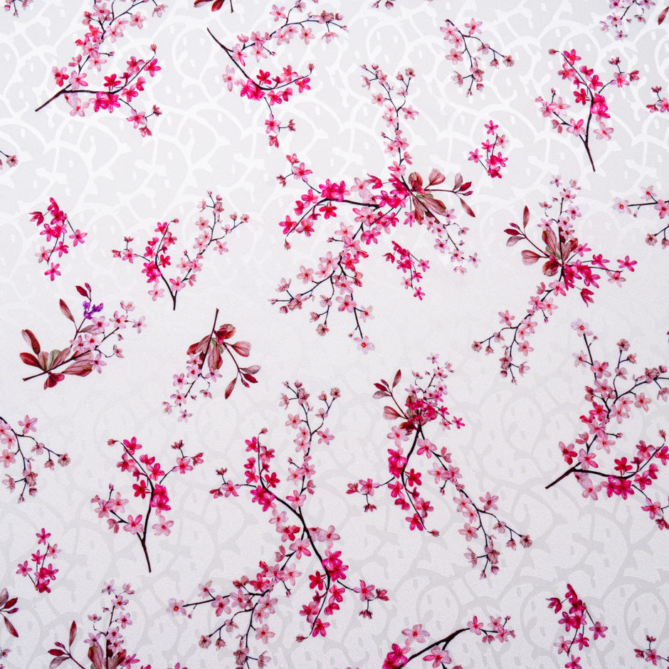 Pink Floral Printed Ivory Silk Jacquard