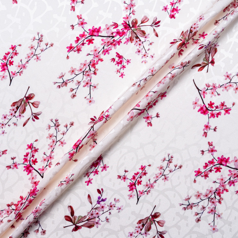 Pink Floral Printed Ivory Silk Jacquard