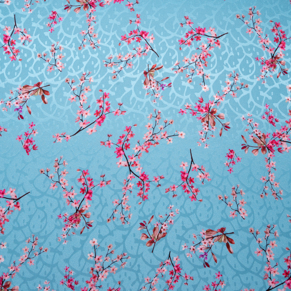 Pink Floral Printed Blue Silk Jacquard