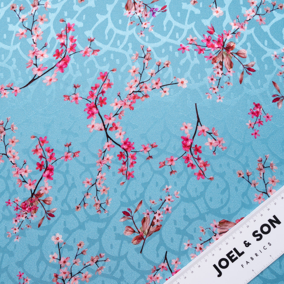 Pink Floral Printed Blue Silk Jacquard