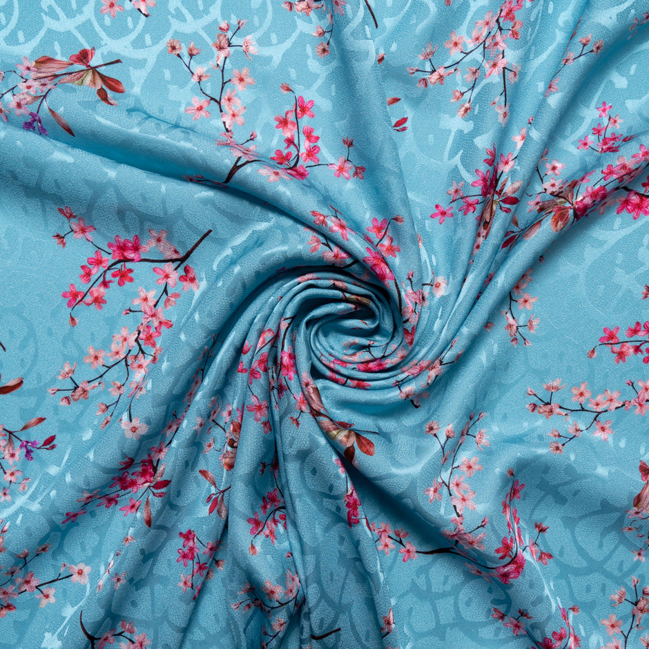 Pink Floral Printed Blue Silk Jacquard