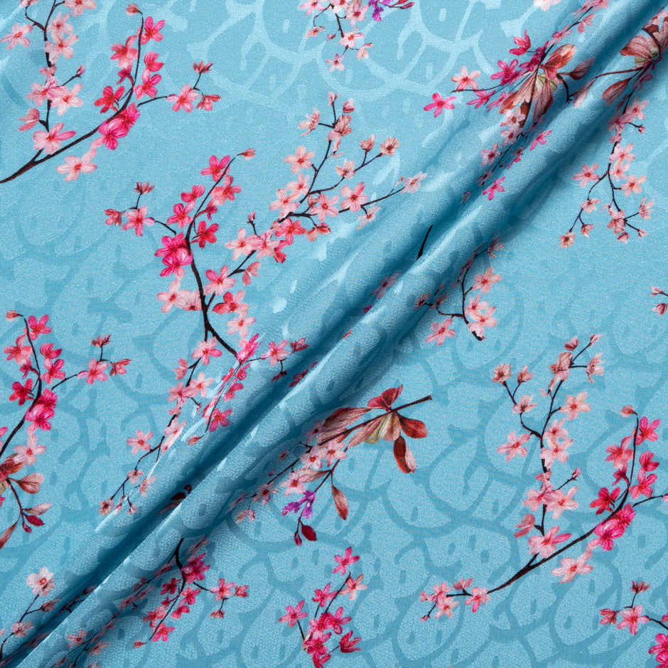 Pink Floral Printed Blue Silk Jacquard