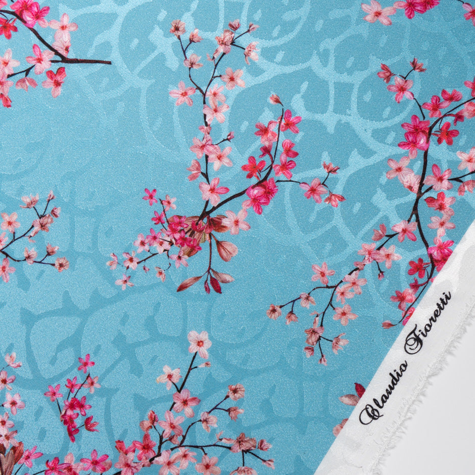 Pink Floral Printed Blue Silk Jacquard