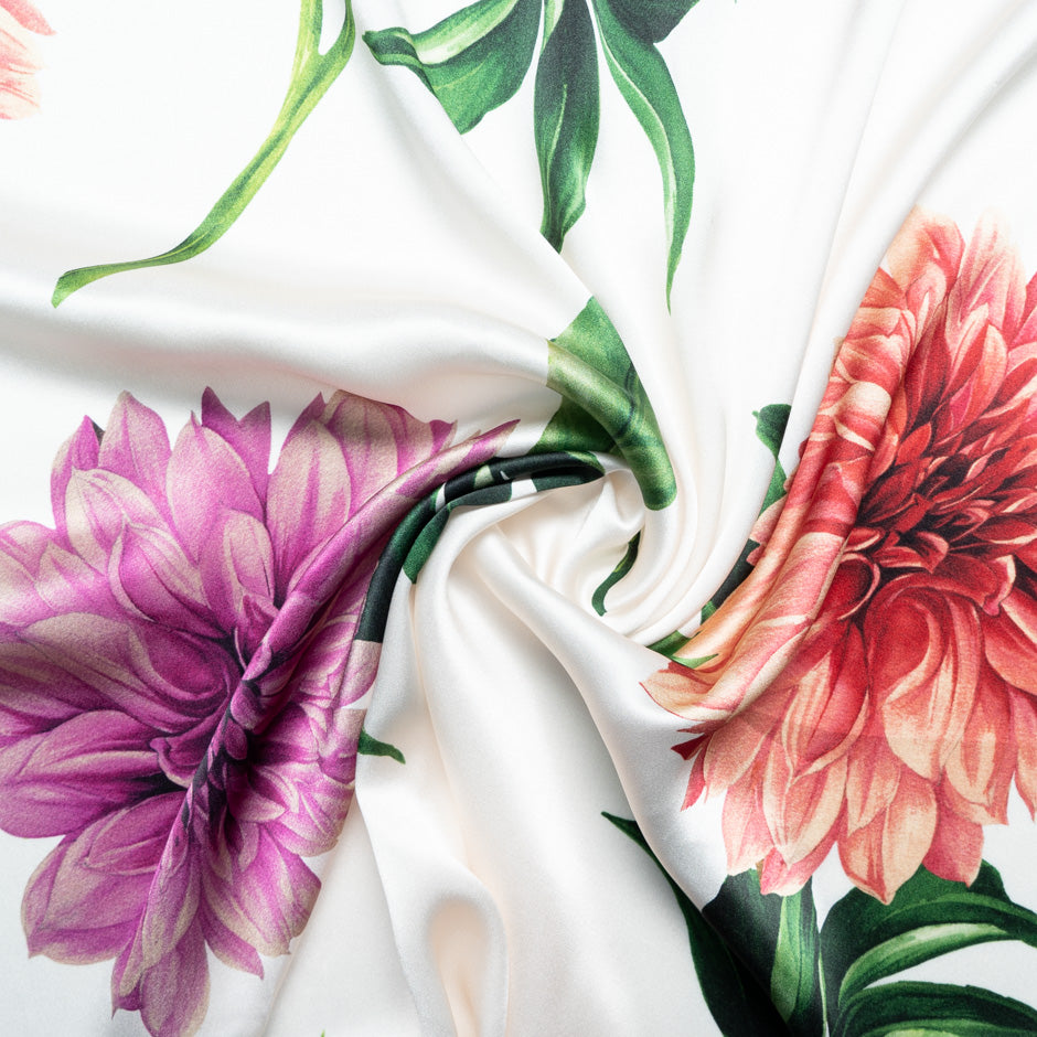 Large Floral Printed Ivory Silk Satin
