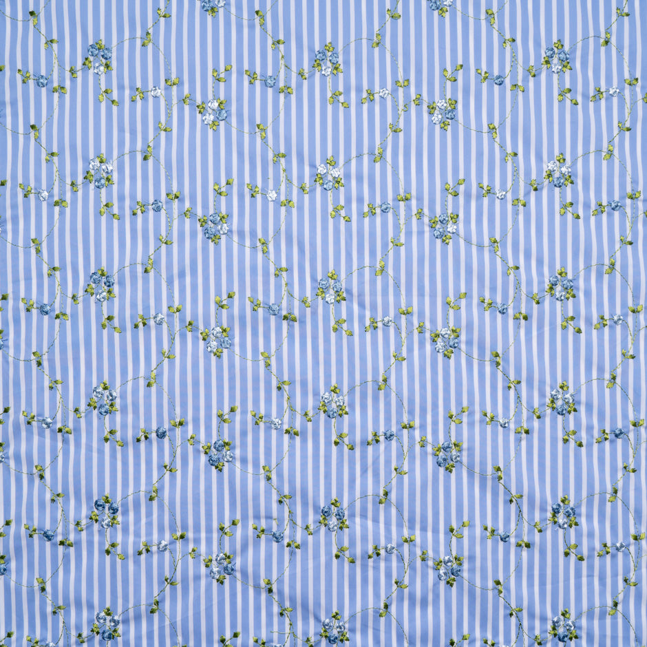 Posy Embroidered White Striped Blue Cotton