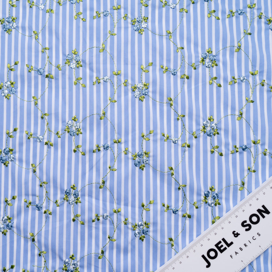 Posy Embroidered White Striped Blue Cotton