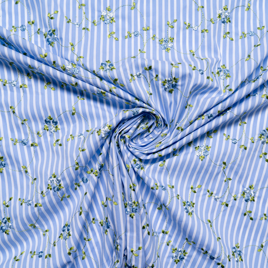 Posy Embroidered White Striped Blue Cotton