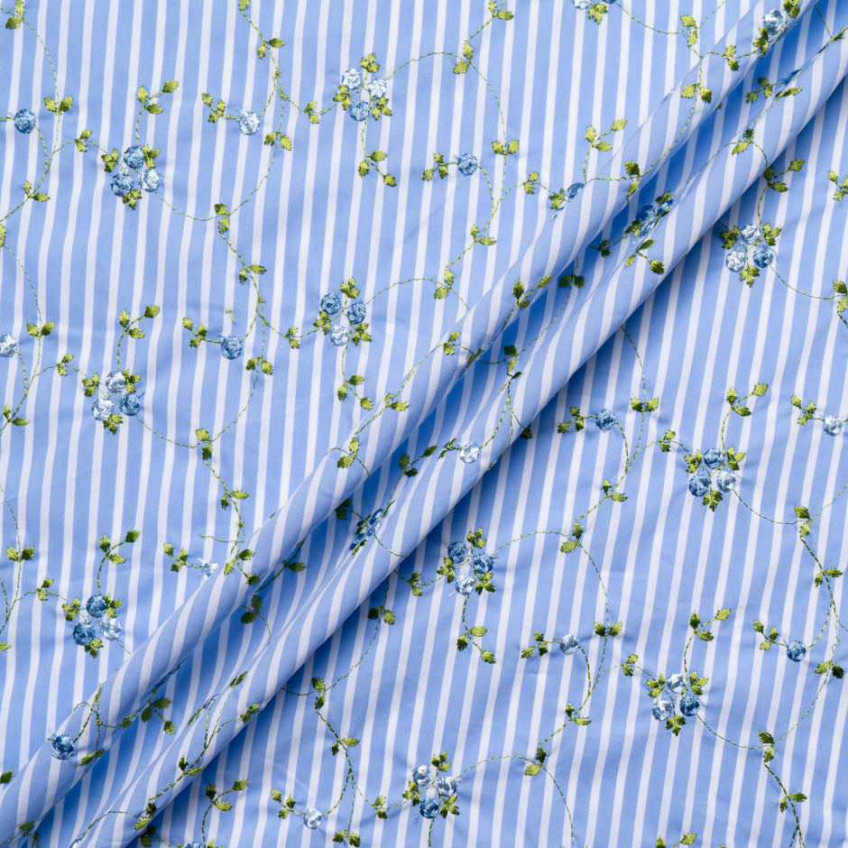 Posy Embroidered White Striped Blue Cotton