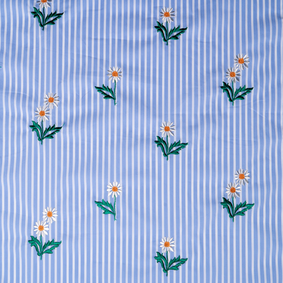 Daisy Embroidered White Striped Blue Cotton
