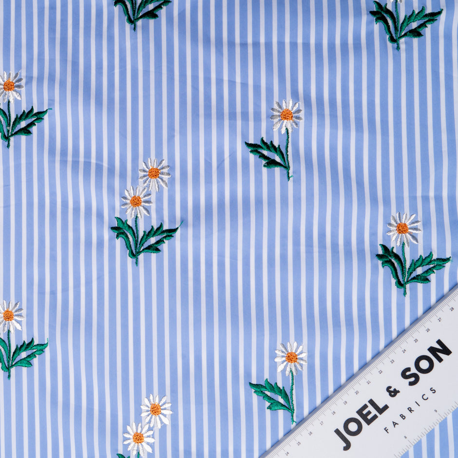 Daisy Embroidered White Striped Blue Cotton
