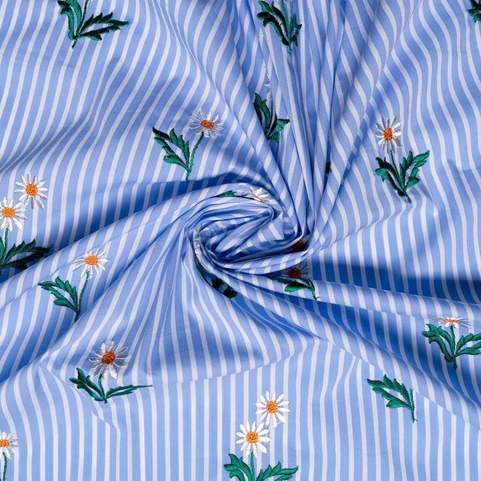 Daisy Embroidered White Striped Blue Cotton