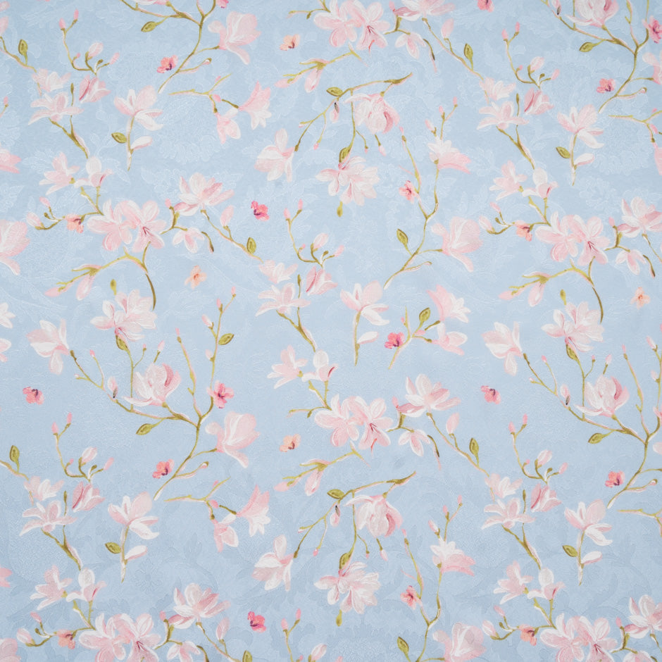 Pastel Pink Floral Vision Printed Blue Silk Jacquard