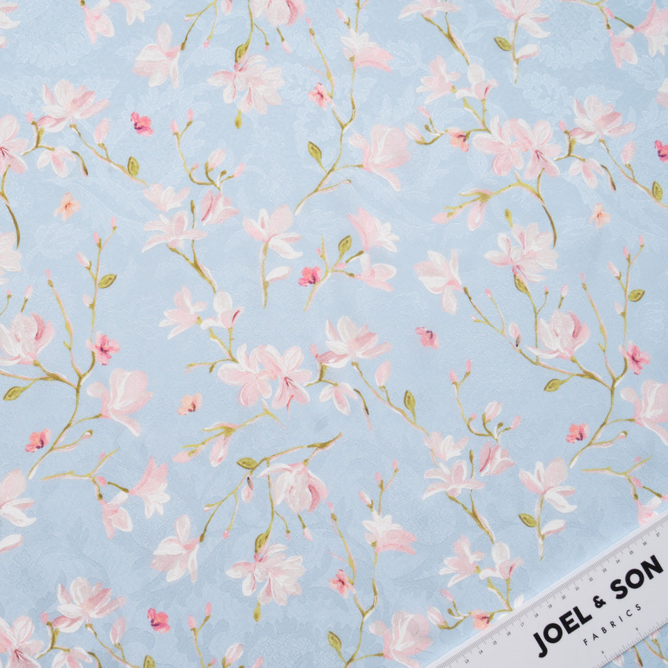 Pastel Pink Floral Vision Printed Blue Silk Jacquard