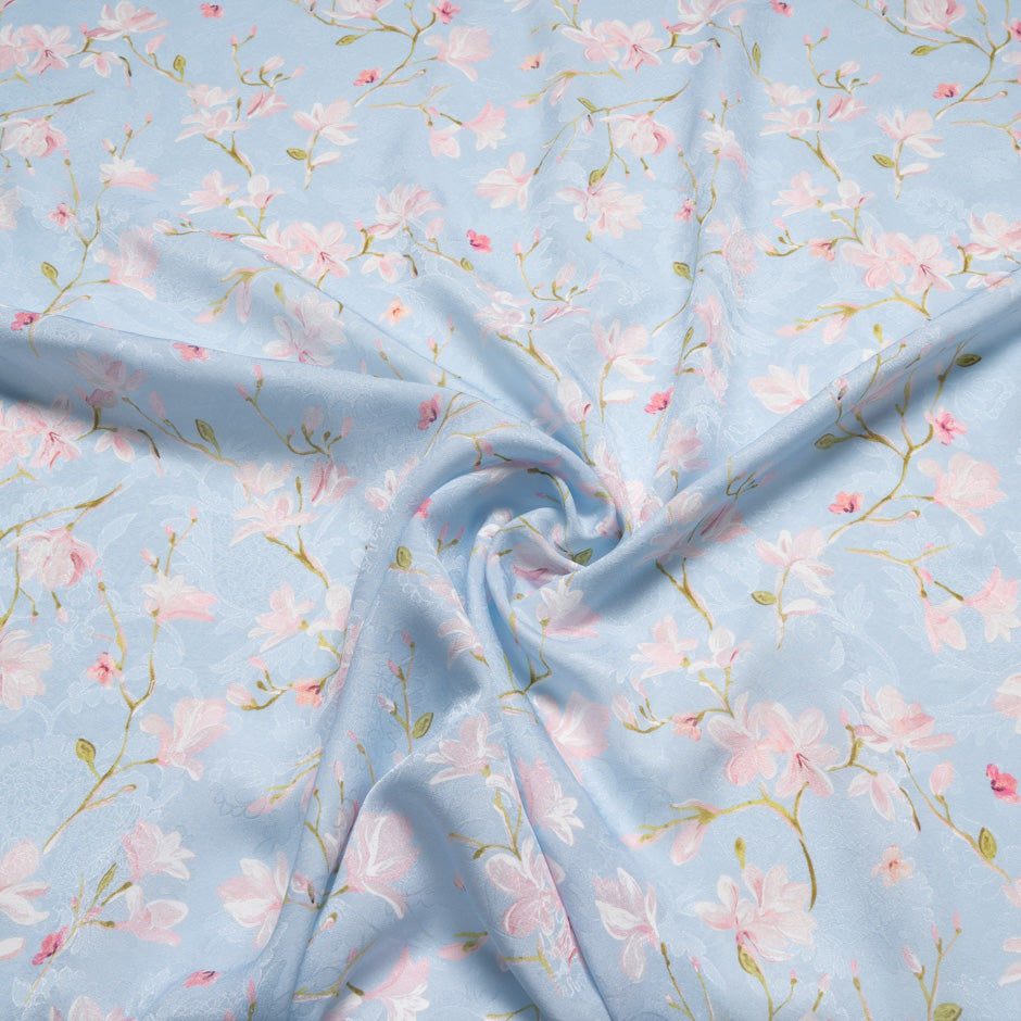 Pastel Pink Floral Vision Printed Blue Silk Jacquard