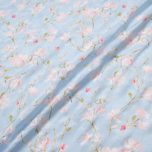 Pastel Pink Floral Vision Printed Blue Silk Jacquard