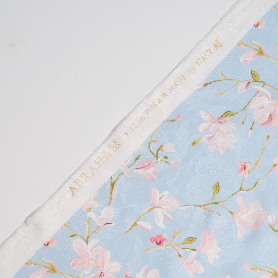 Pastel Pink Floral Vision Printed Blue Silk Jacquard