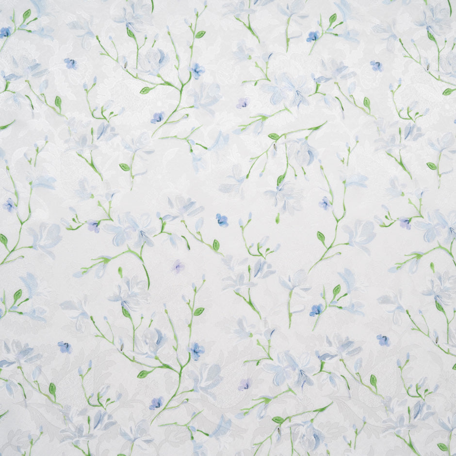 Blue Floral Vision Printed White Silk Jacquard