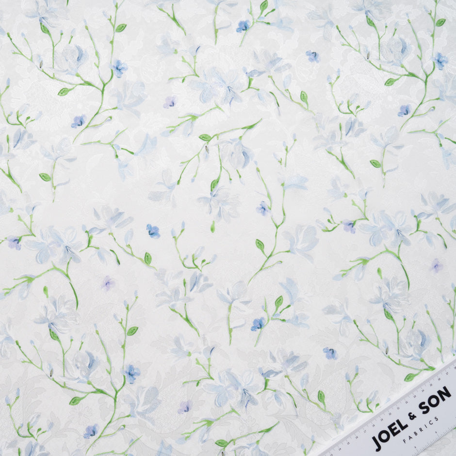 Blue Floral Vision Printed White Silk Jacquard