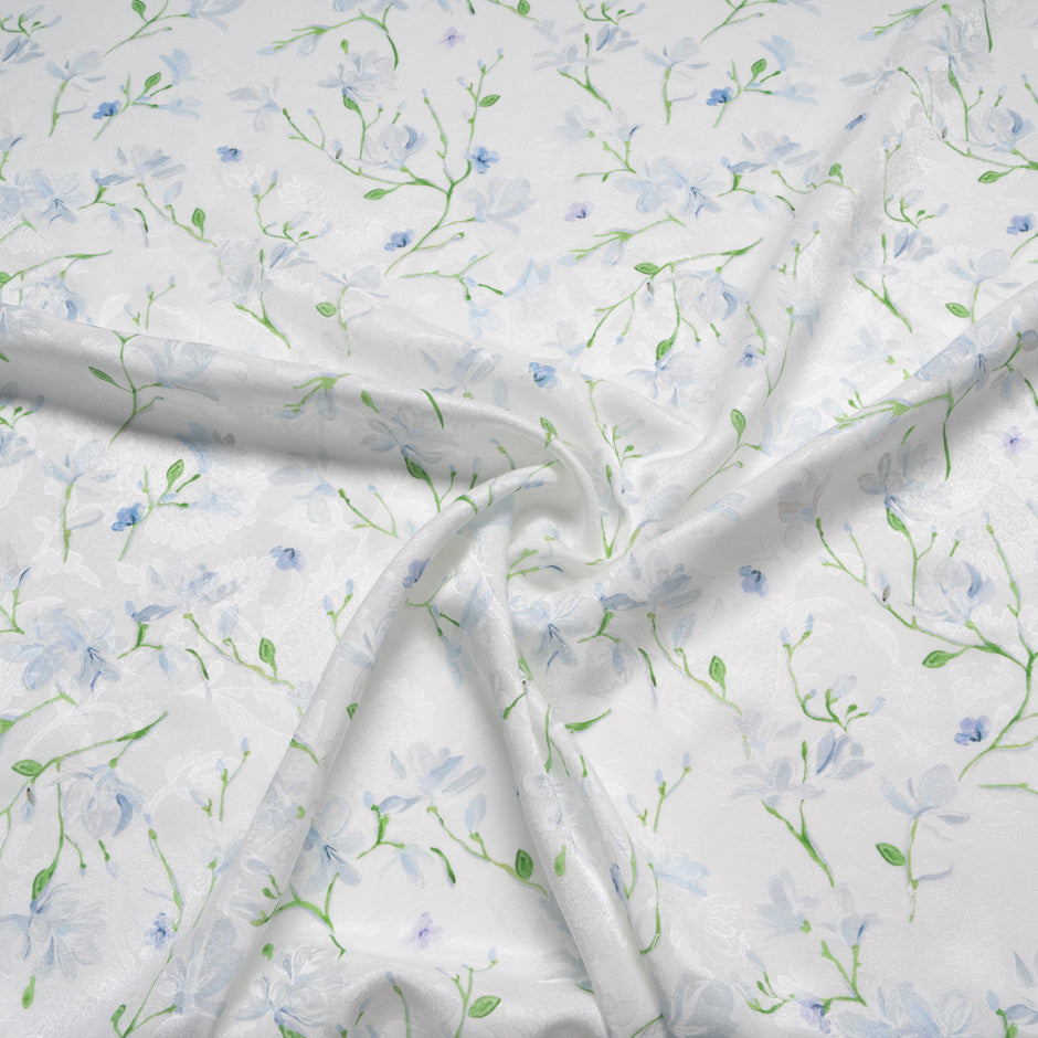 Blue Floral Vision Printed White Silk Jacquard