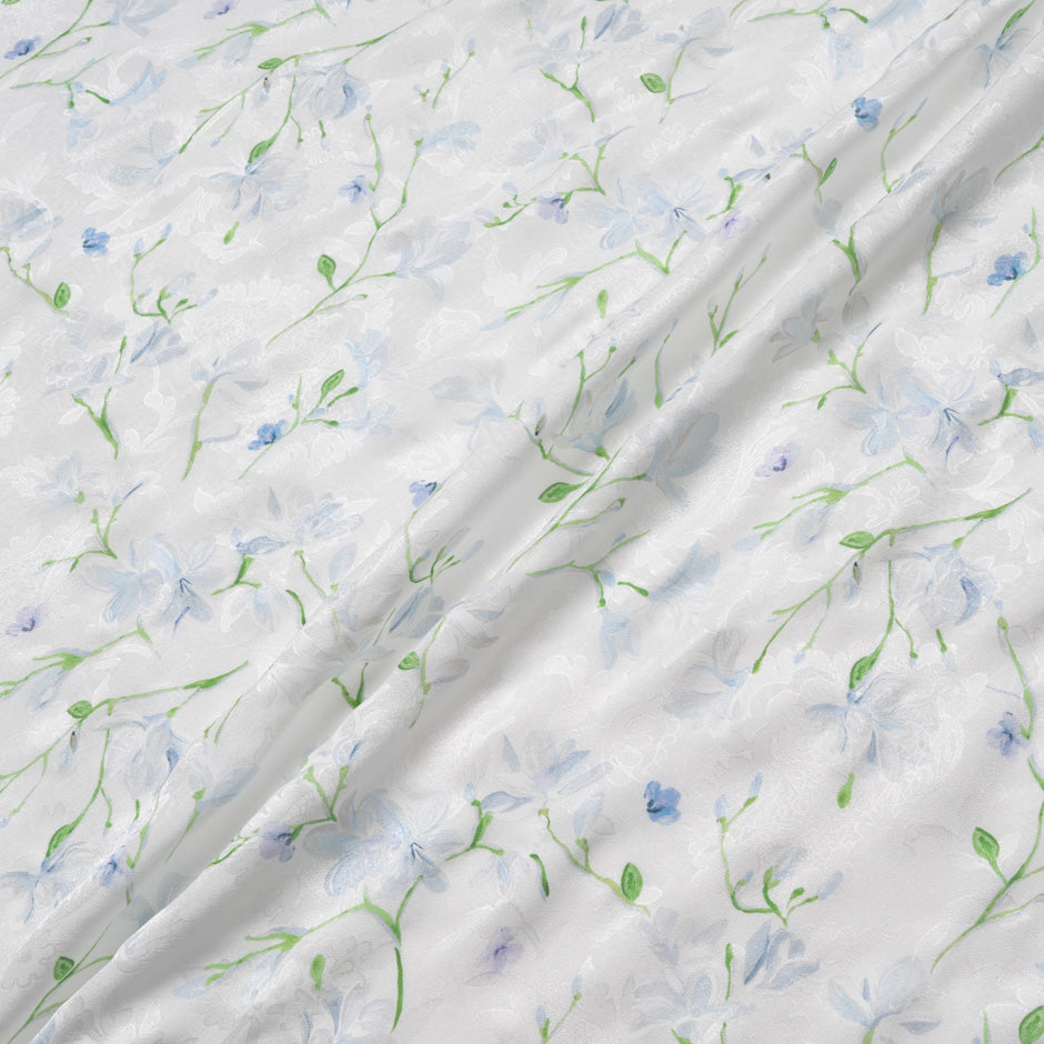 Blue Floral Vision Printed White Silk Jacquard