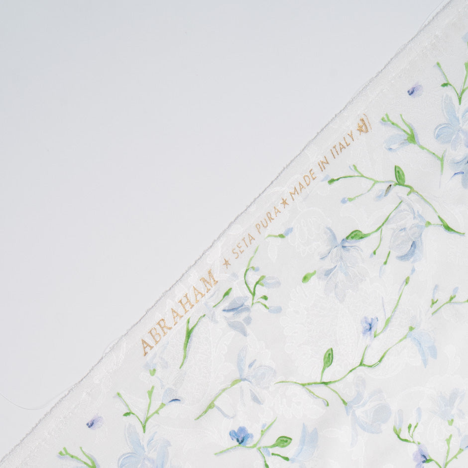 Blue Floral Vision Printed White Silk Jacquard
