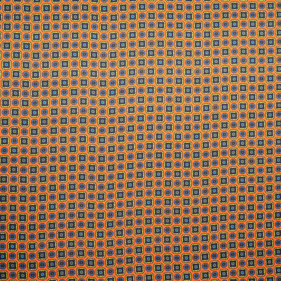 Multi Geometric Printed Orange Silk Twill