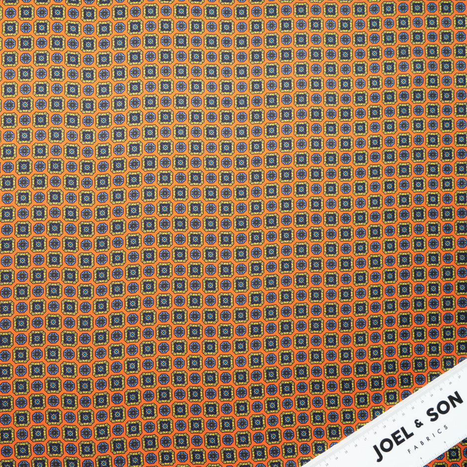 Multi Geometric Printed Orange Silk Twill