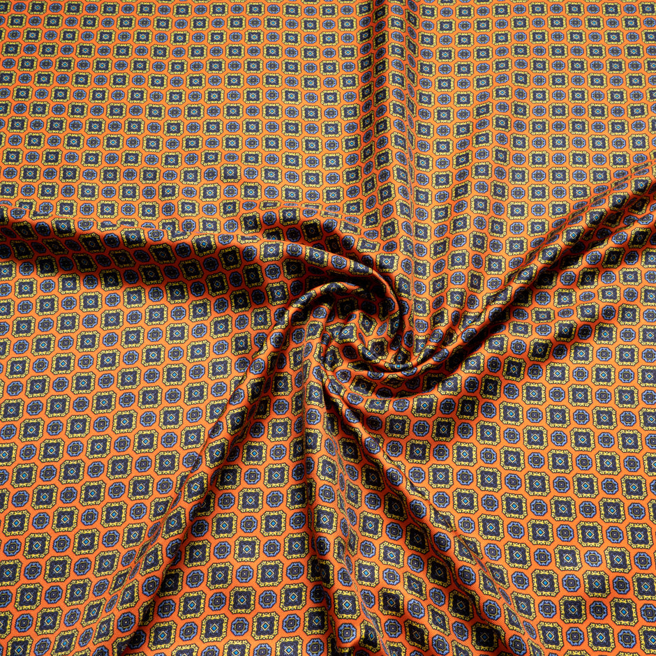 Multi Geometric Printed Orange Silk Twill