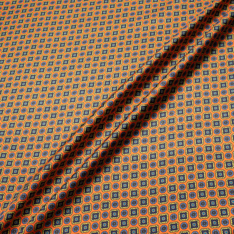 Multi Geometric Printed Orange Silk Twill