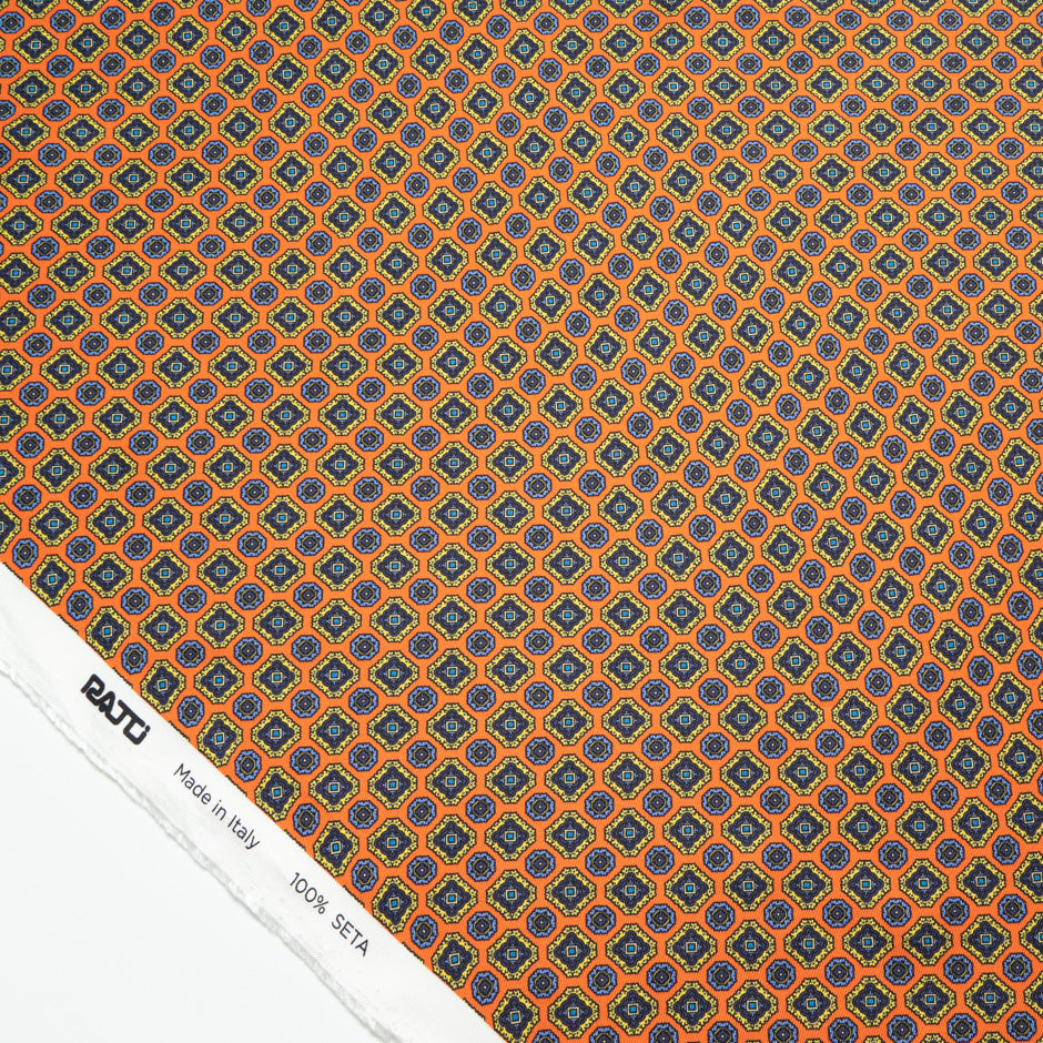 Multi Geometric Printed Orange Silk Twill