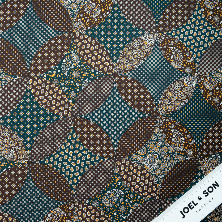 Blue & Brown Patchwork Printed Silk Twill