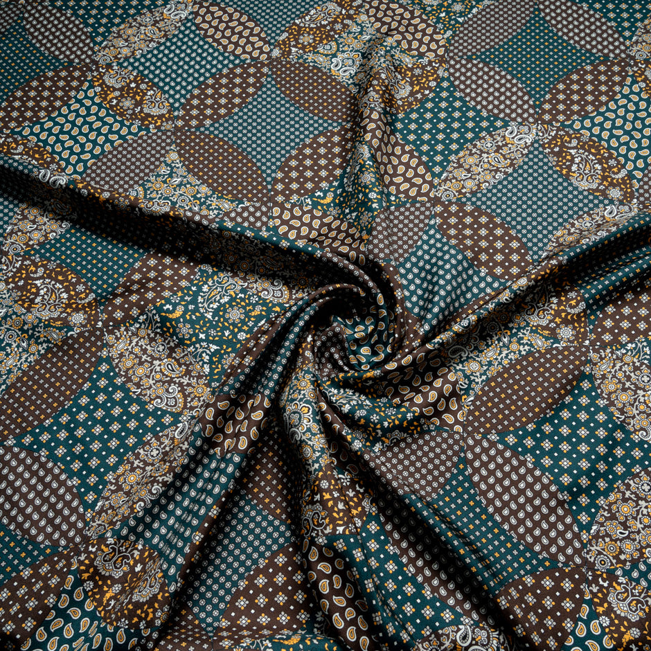 Blue & Brown Patchwork Printed Silk Twill
