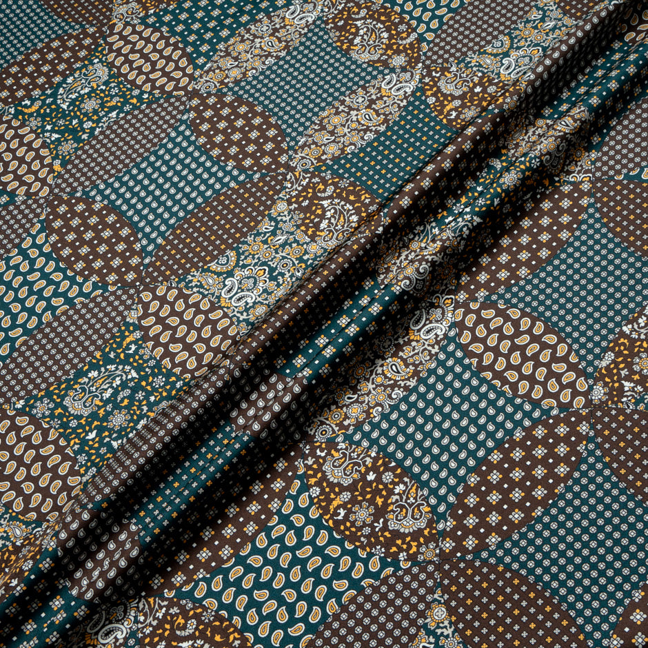 Blue & Brown Patchwork Printed Silk Twill