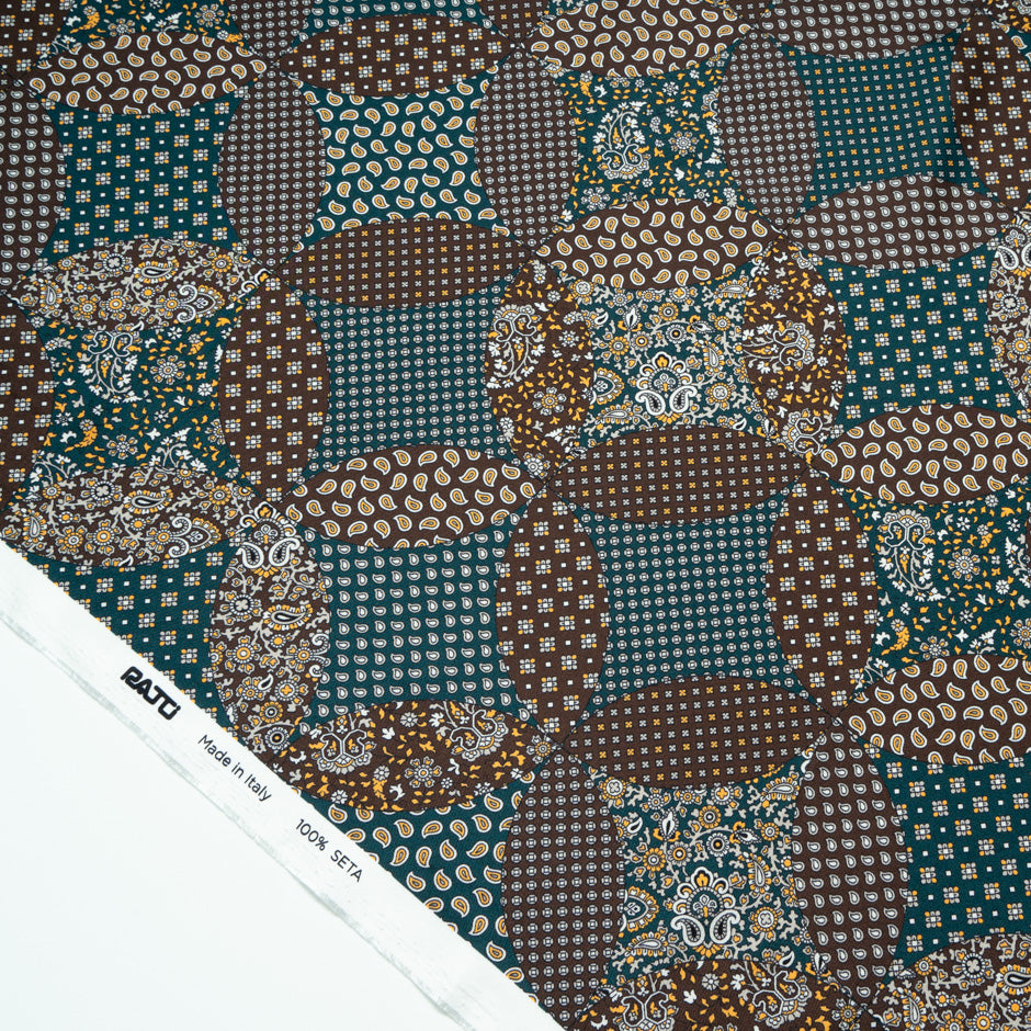 Blue & Brown Patchwork Printed Silk Twill