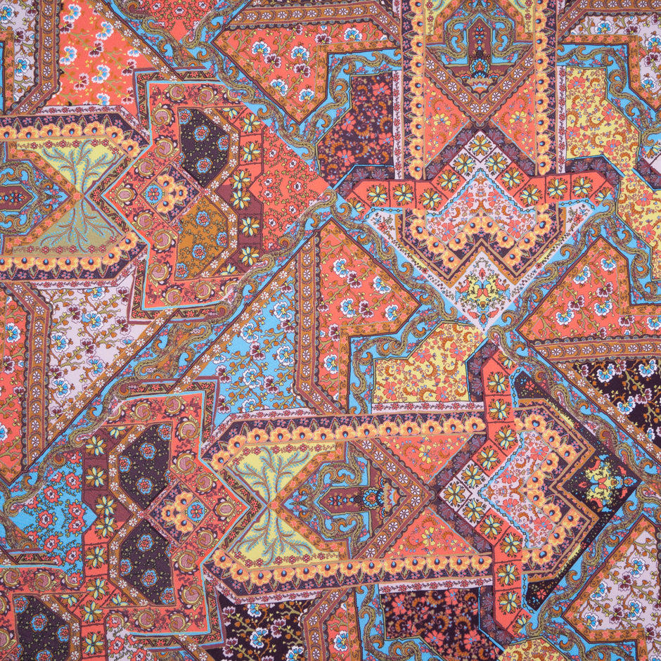 Orange & Blue Patchwork Printed Pure Silk Twill