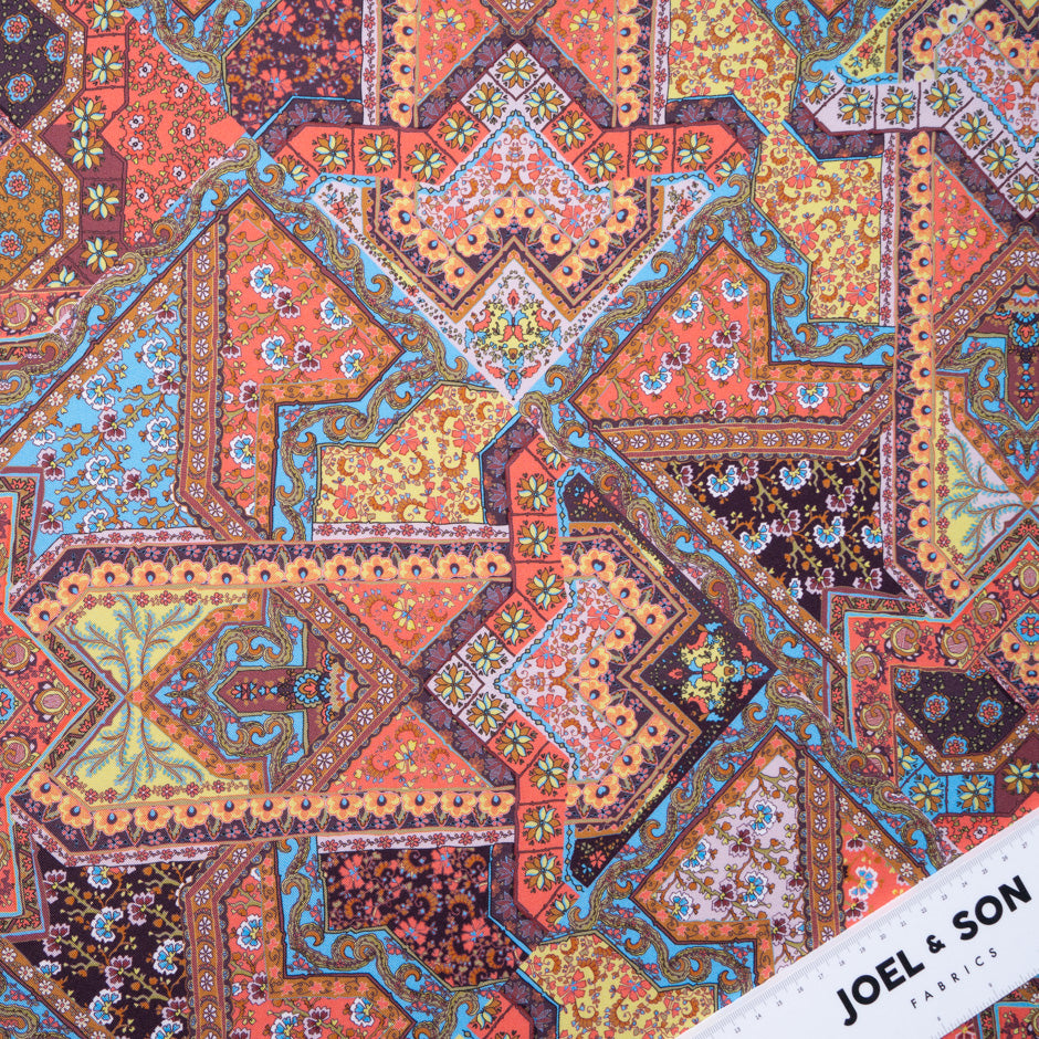 Orange & Blue Patchwork Printed Pure Silk Twill