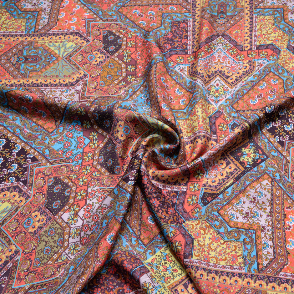 Orange & Blue Patchwork Printed Pure Silk Twill