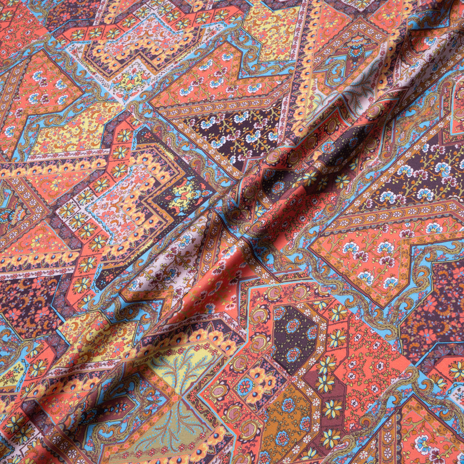 Orange & Blue Patchwork Printed Pure Silk Twill