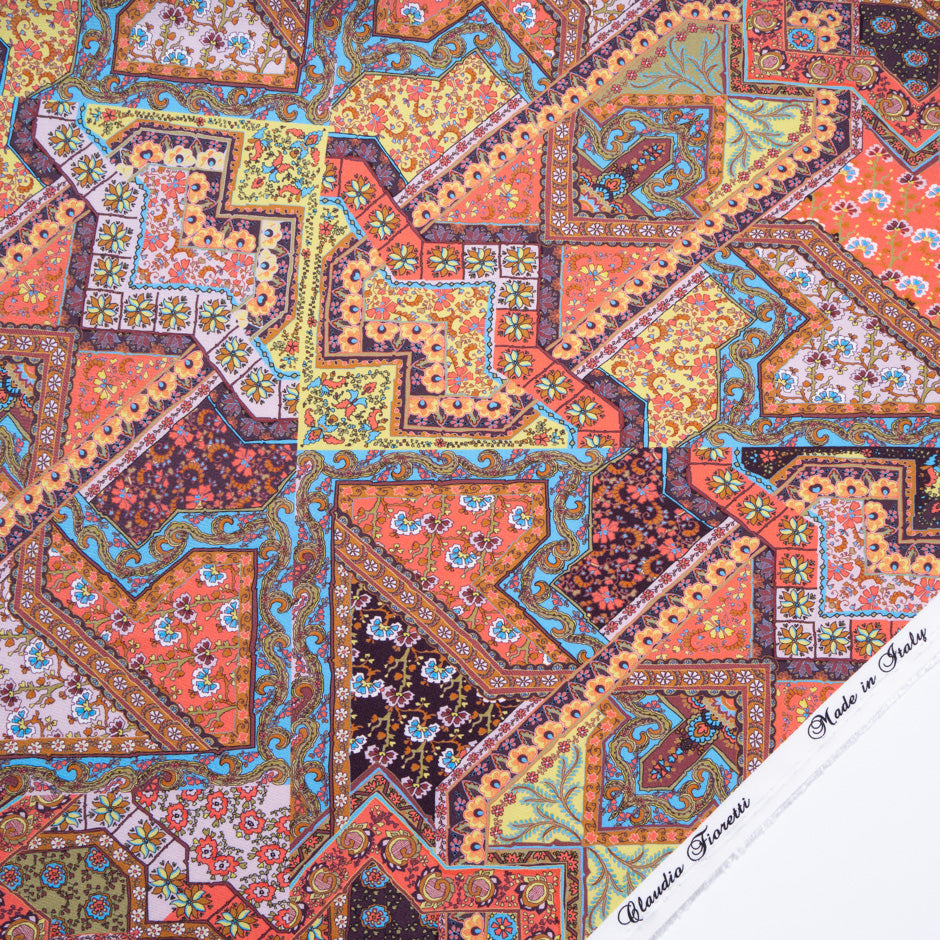 Orange & Blue Patchwork Printed Pure Silk Twill