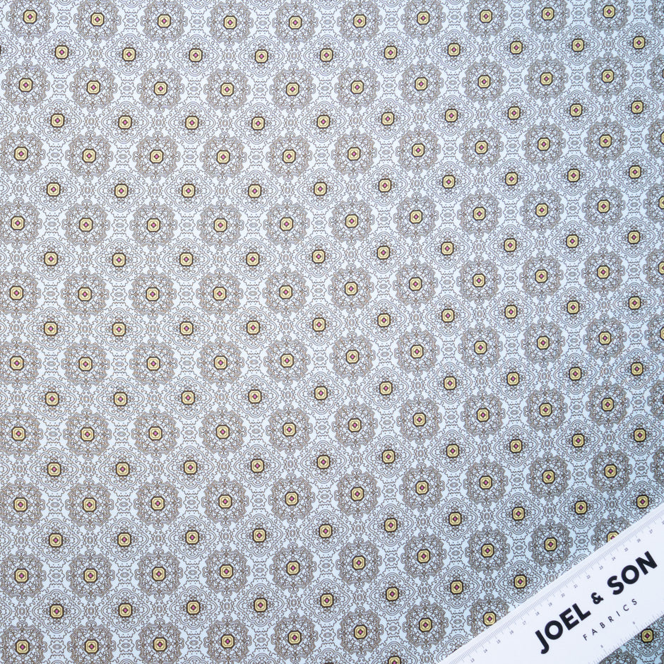 Brown Geo Printed Blue Silk Blend Twill