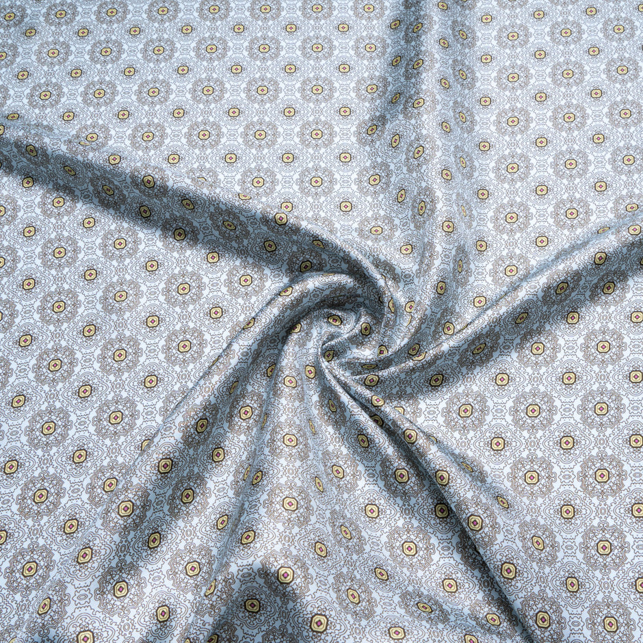 Brown Geo Printed Blue Silk Blend Twill
