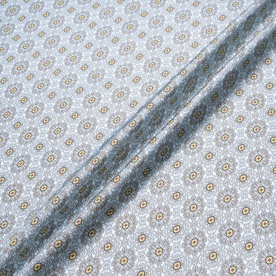 Brown Geo Printed Blue Silk Blend Twill