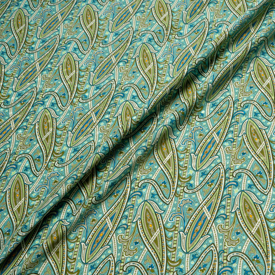 Green & Blue Paisley Printed Silk Jacquard