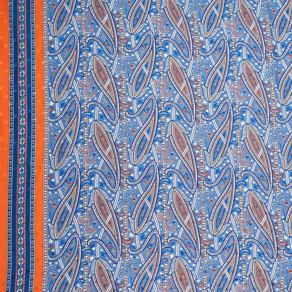 Blue & Orange Paisley Printed Silk Jacquard