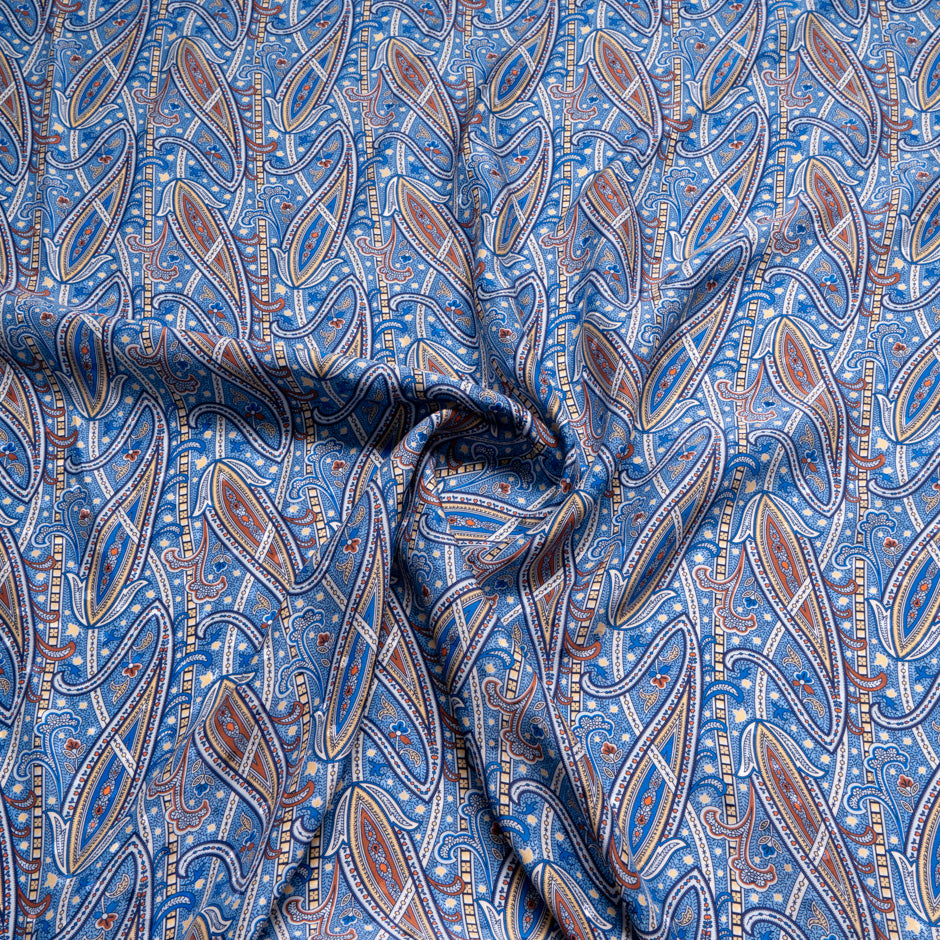 Blue & Orange Paisley Printed Silk Jacquard
