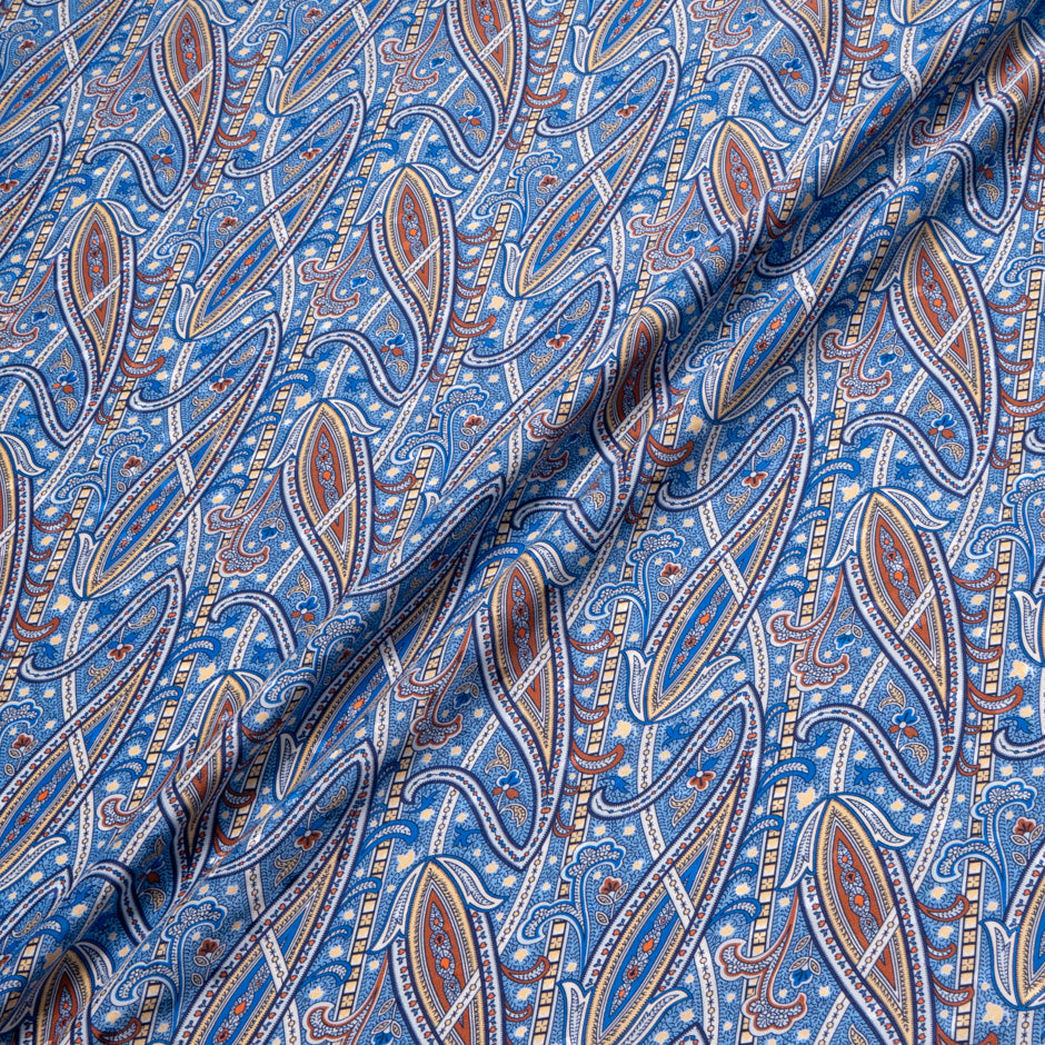 Blue & Orange Paisley Printed Silk Jacquard