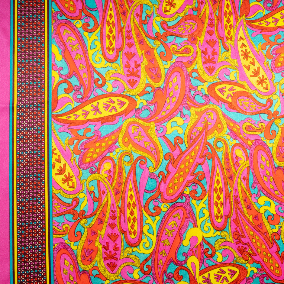 Ruby Red, Pink & Yellow Paisley Silk Satin