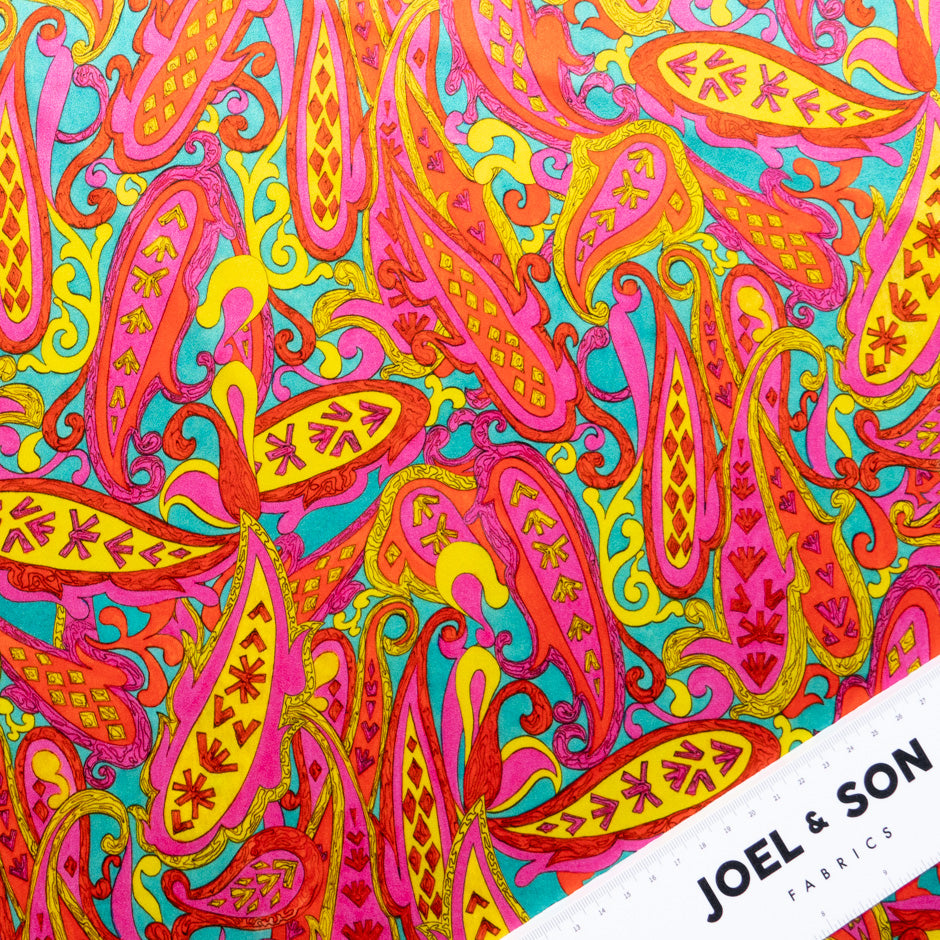 Ruby Red, Pink & Yellow Paisley Silk Satin